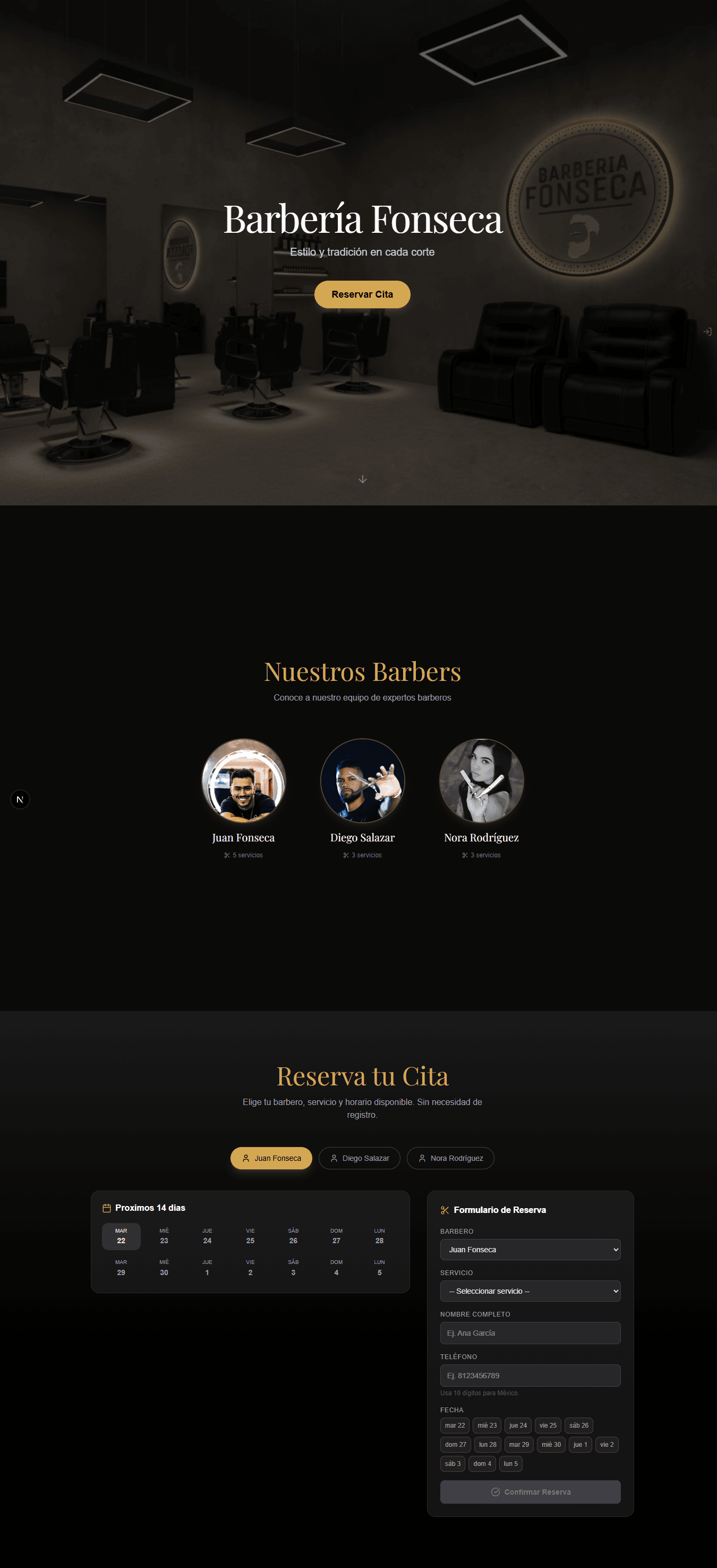 Página pública de Barbería Fonseca, de la portada al formulario de reserva