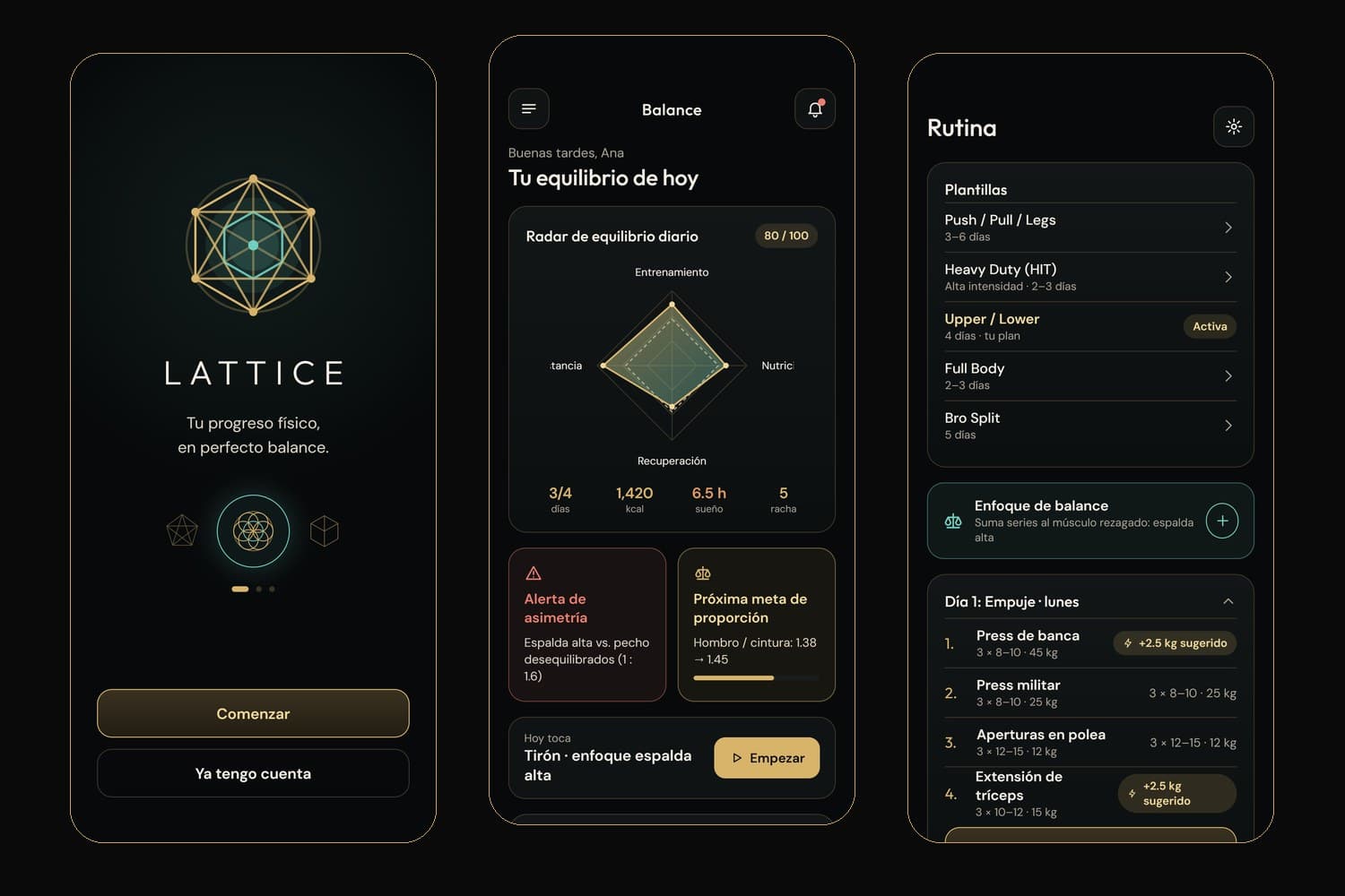 Tres pantallas de la app Lattice: bienvenida, balance del día y rutina