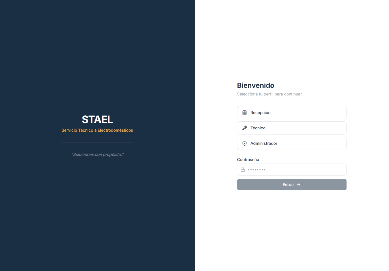 Pantalla de acceso de STAEL con selección de perfil: recepción, técnico o administrador